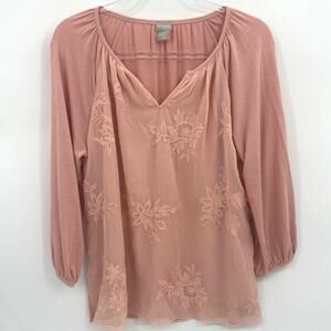 CHICO's Shirt Floral Embroidered Mesh Overlay Top 3/4 Sleeve Women's Sz 1 US M